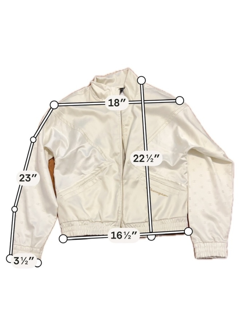 Champion Satin Cream Zip-Up Jacket Monogram Logo Cropped Fit Size S - Picture 9 of 9